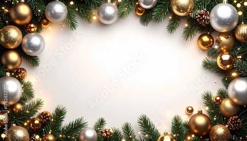 Marco  decorativo con temática navideña. Está compuesta por ramas de pino o abeto de color verde oscuro, muy frondosas, que rodean un espacio central en blanco. 