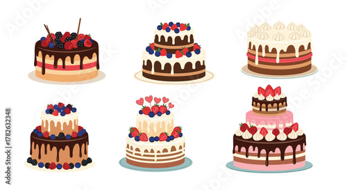 An assortment of tiered and single-layer cakes, featuring rich chocolate, creamy frosting, and colorful fresh fruit toppings.