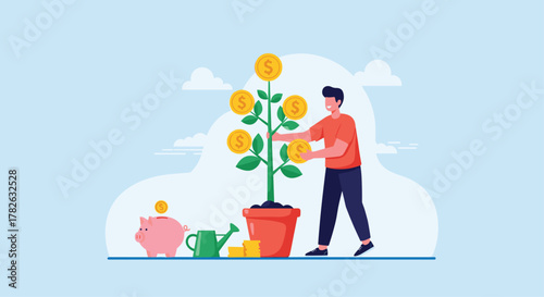 A smiling man harvests gold coins from a vibrant money tree, representing the successful growth of investments and smart financial planning.