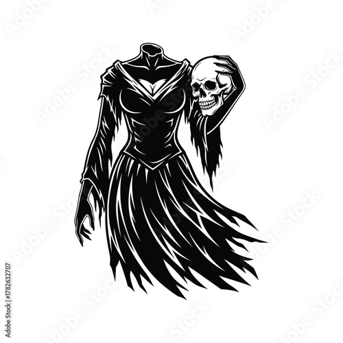 Mysterious headless woman in a tattered black dress holding a human skull in her hand