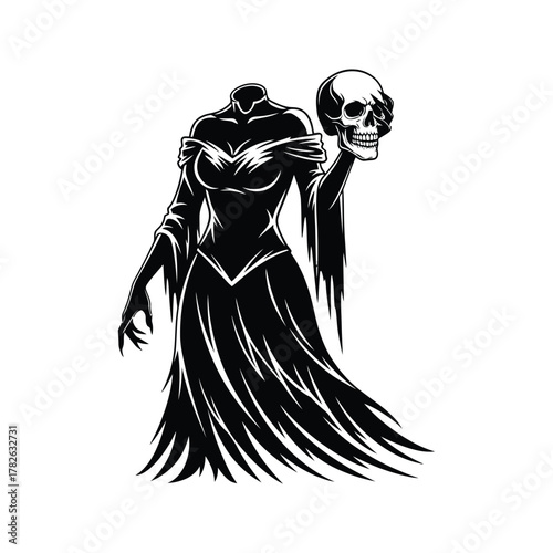 Mysterious headless woman in elegant black dress holding a skull in a gothic horror style illustration