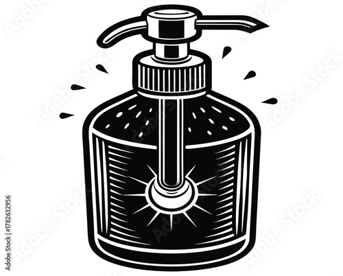 A stylized black and white illustration of a pump dispenser bottle, likely containing hand sanitizer, emitting radiating lines suggesting hygiene or cleansing action