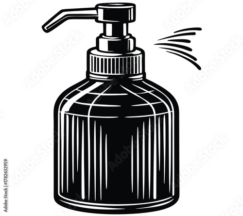 Hand sanitizer bottle with pump dispenser spraying liquid, representing hygiene and cleanliness, ideal for health and safety awareness campaigns