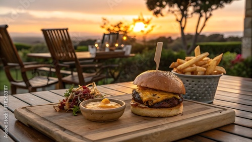 Delicious gourmet burger and crispy french fries served on a wooden board with a beautiful sunset view from a restaurant patio