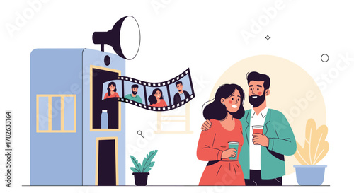 Smiling couple with drinks standing next to a photo booth or film projector showing a strip of diverse portraits.