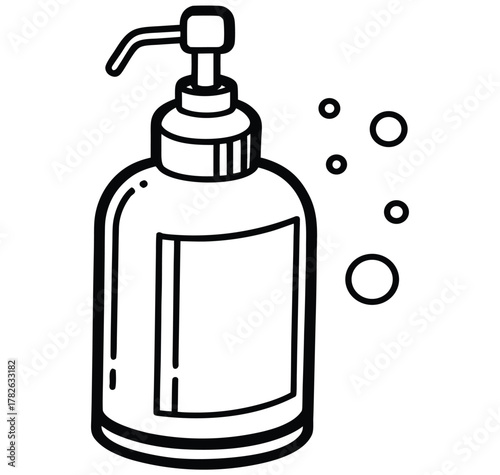 A hand-drawn illustration of a pump bottle, possibly containing soap or sanitizer, with bubbles floating around it on a white background, suggesting hygiene and cleanliness