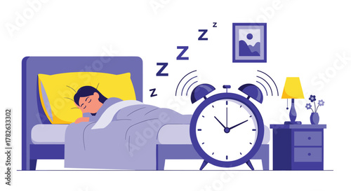 Illustration of a person soundly asleep in bed as their alarm clock rings loudly, symbolizing a morning routine or oversleeping.