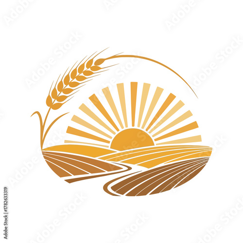 Stylized wheat stalk and sun over rolling agricultural fields in a circular emblem design