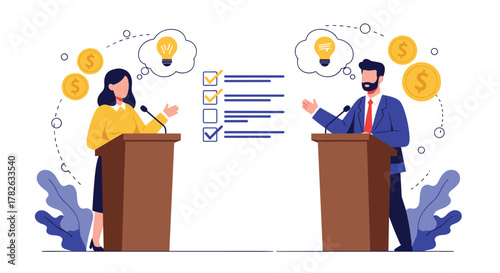 Two business professionals engage in a debate, presenting innovative ideas, financial strategies, and evaluating progress with a checklist.