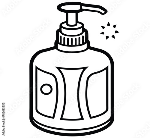 A simple line art icon of a hand sanitizer pump bottle. Vector illustration of an alcohol-based gel dispenser for hygiene and disinfection, isolated on a white background
