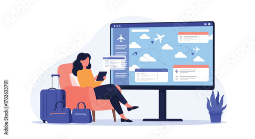 A woman uses her tablet to plan or check flights, comfortably seated with luggage, against a backdrop of flight itineraries on a large screen.