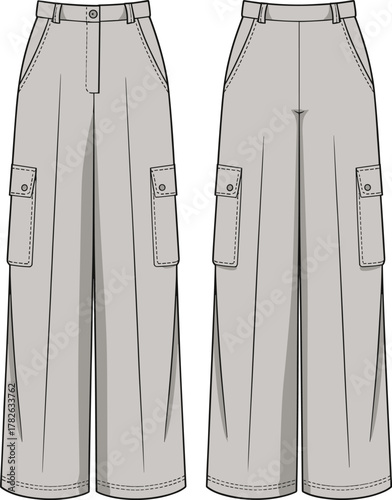 Cargo pants technical flat sketch, wide-leg design, front and back view garment drawing, multiple pocket detail, fashion apparel construction illustration