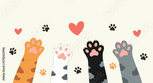 Cute illustration of four colorful cat paws reaching up, surrounded by floating hearts and tiny paw prints on a light, neutral background.