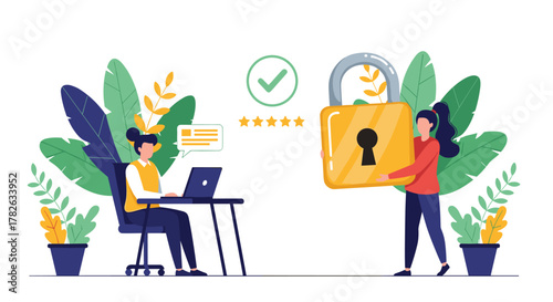 Illustration of secure online work and excellent service, featuring a woman using a laptop and another holding a padlock with approval symbols.