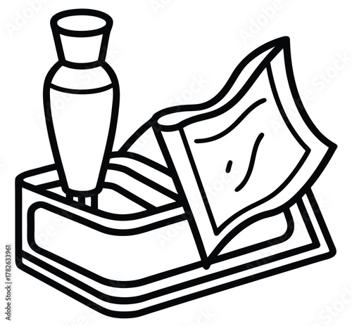 Black and White Illustration of a Container with Cream, Cloth, and Slices for Graphic Design