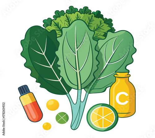 Nutritional concept illustration featuring leafy greens, vitamin C supplements, citrus fruit, and chewable tablets for a healthy diet and immune support, isolated on a white background