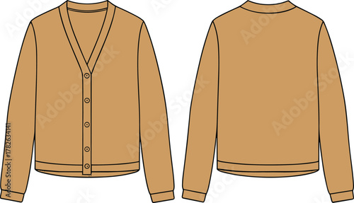 Cardigan sweater technical flat sketch, front and back view garment drawing, V-neck button closure, ribbed cuffs and hem fashion illustration