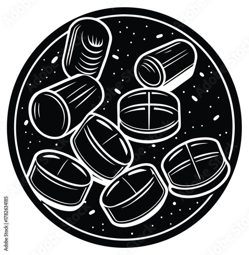 A circular arrangement of various pills and capsules, depicted in a stylized, graphic illustration with a black and white color scheme, suggesting medication or health-related themes