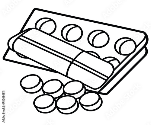 Monochrome line art of pharmaceutical products, with round chewable tablets, a pill case, and a blister pack. Simple vector for healthcare or children's concepts isolated on a white background