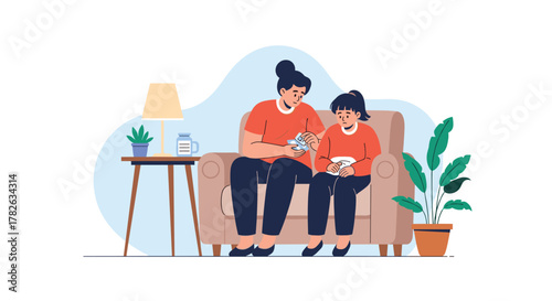 A caring mother comforts her sad child on the couch, offering support during a moment of distress or illness at home.
