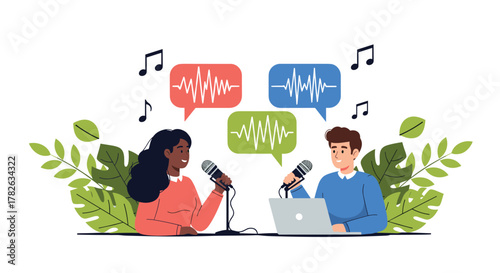 Two diverse podcasters record an audio broadcast together, speaking into microphones with speech bubbles showing sound waves and musical notes.
