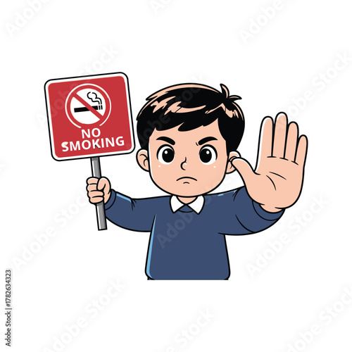 Young boy holding a no smoking sign and making a stop gesture with his hand