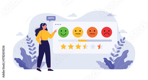 A woman gives positive feedback on a digital survey using emoji and star ratings, representing customer satisfaction.