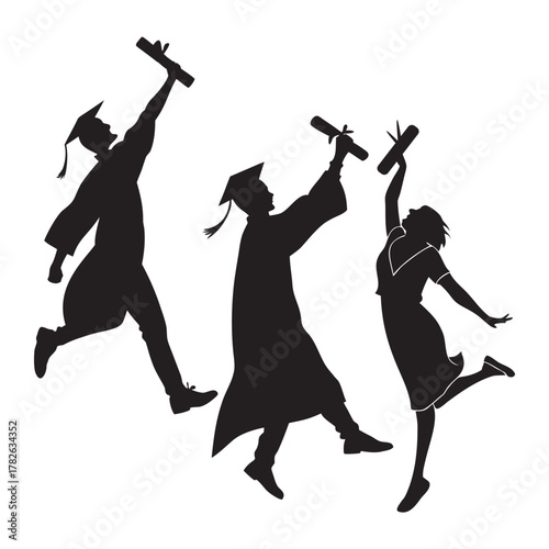 Graduation celebration illustration with three jumping silhouettes holding diplomas vector