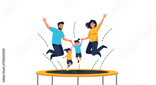 Joyful family of four, including parents and two children, happily jumping high on a trampoline, enjoying active playtime together.