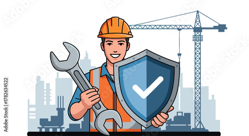 Smiling construction worker in a hard hat and safety vest holding a wrench and a shield with a checkmark, symbolizing safety and maintenance.