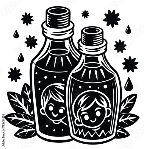 Illustrated graphic of two cartoonish bottles filled with bubbly liquid, surrounded by leaves and decorative star shapes, evoking a sense of fun and healthy refreshment suitable for children