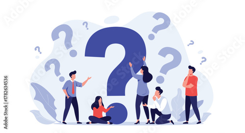 A diverse team collaboratively explores a large question mark, symbolizing collective problem-solving, inquiry, and the search for answers in a complex situation.