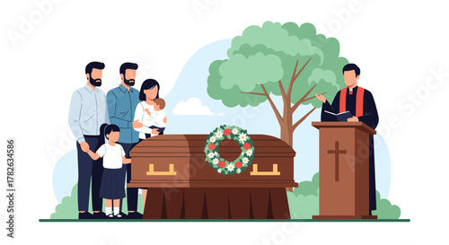A somber outdoor funeral service where a family grieves around a coffin adorned with a wreath, while a priest leads the ceremony.