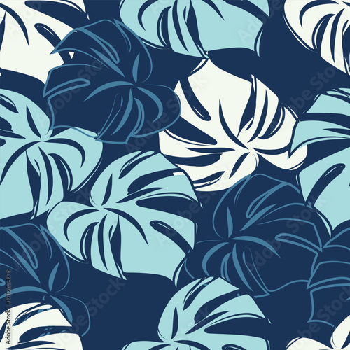 Monstera leaf tropical pattern vector illustration, blue tones hand drawn monochromatic, web banner, wallpaper, fabric
