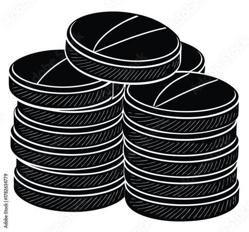An isolated vector graphic depicting three neat stacks of black, round, layered multi-phase tablets on a clean white background