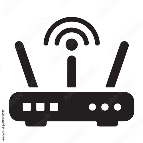 A black and white router icon representing network connectivity and wireless communication isolated on white background