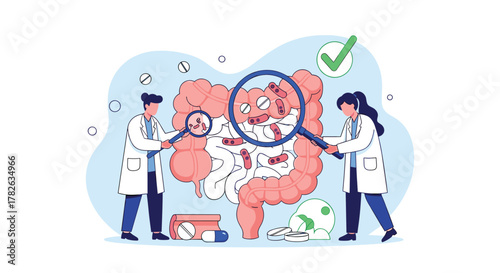 Medical professionals analyze the human gut microbiome and digestive health, researching beneficial bacteria and effective treatments.