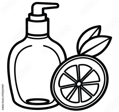 Line art illustration of a hand sanitizer pump bottle with a fresh lemon slice. Vector graphic representing natural citrus essential oil fragrance, isolated on a white background for hygiene
