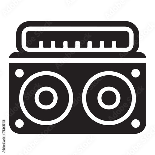 A black and white amplifier icon representing sound amplification and audio equipment isolated on white background