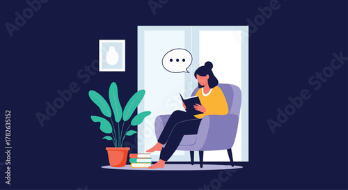 A young woman in a cozy armchair reads a book, enjoying a quiet moment at home surrounded by plants and natural light.