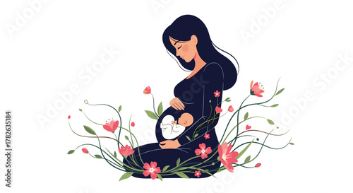 A stylized image of a pregnant woman embracing her baby bump, featuring a visible fetus, surrounded by flourishing pink flowers and green foliage.