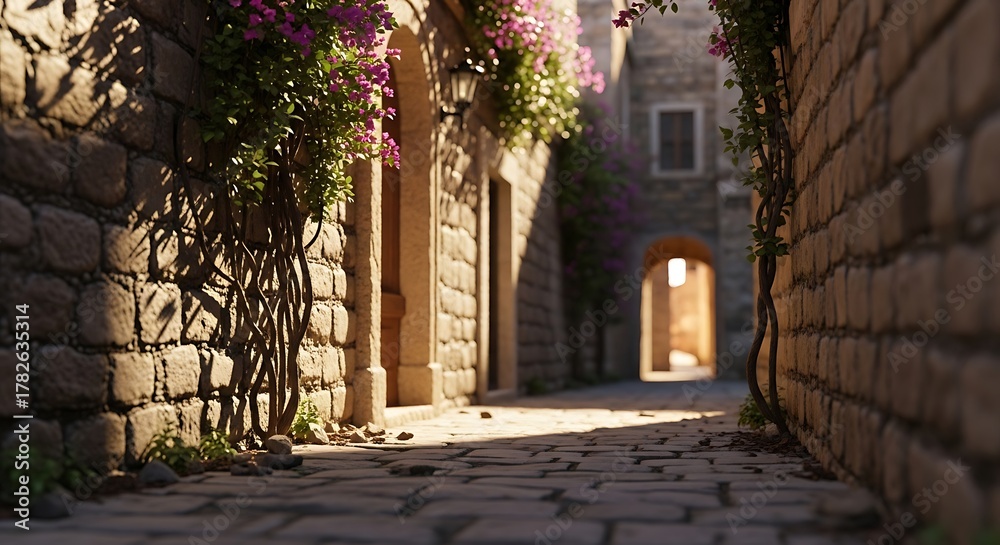 Fototapeta premium Sunlit cobblestone alleyway in an old European town with stone walls and flowering vines street old town