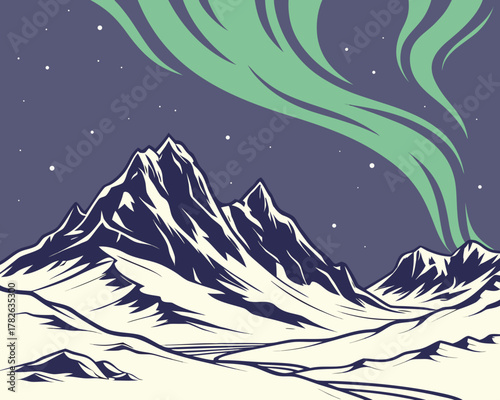 Breathtaking mountain scenery with aurora borealis and starry night illustration