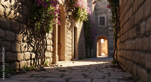 Fototapeta Naklejka Na Ścianę i Meble -  Sunlit cobblestone alleyway in an old European town with stone walls and flowering vines street old town