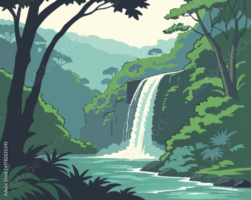 Beautiful waterfall in the jungle with lush green trees and vegetation