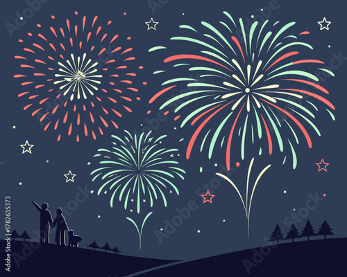 Couple with dog watching fireworks display at night