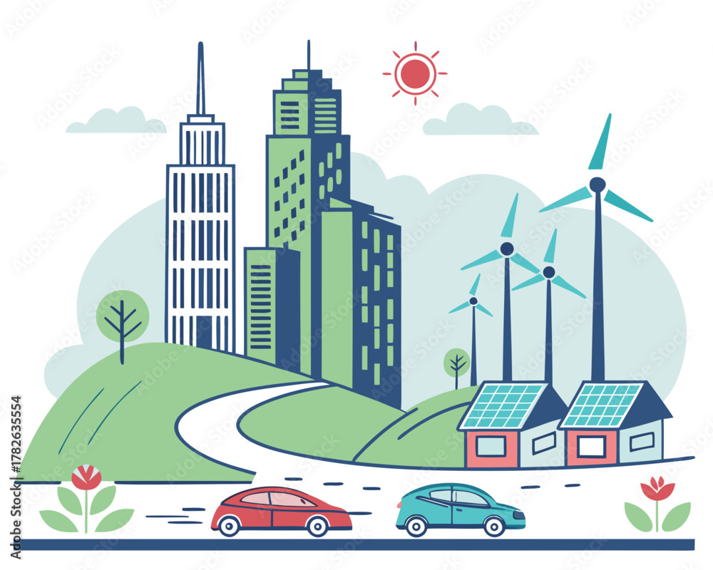 Obraz premium Green city with renewable energy and electric car