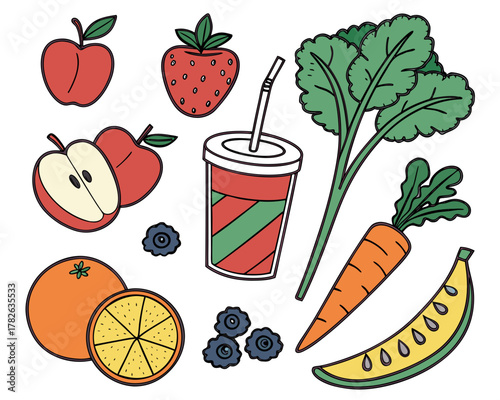 Fresh fruits and vegetables for smoothie, vector art