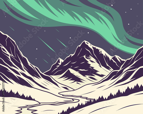 Majestic mountain landscape with aurora borealis and starry night sky view