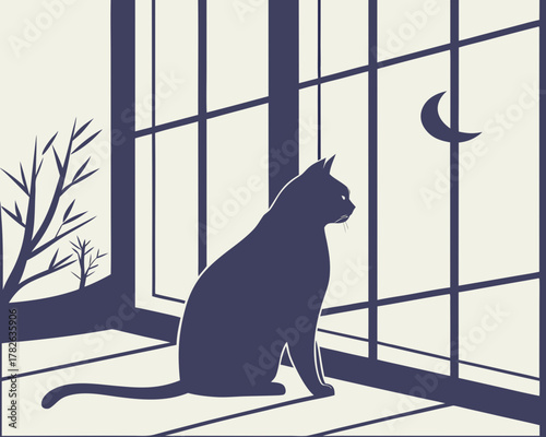 Silhouette of a cat sitting by the window looking at the moon at night